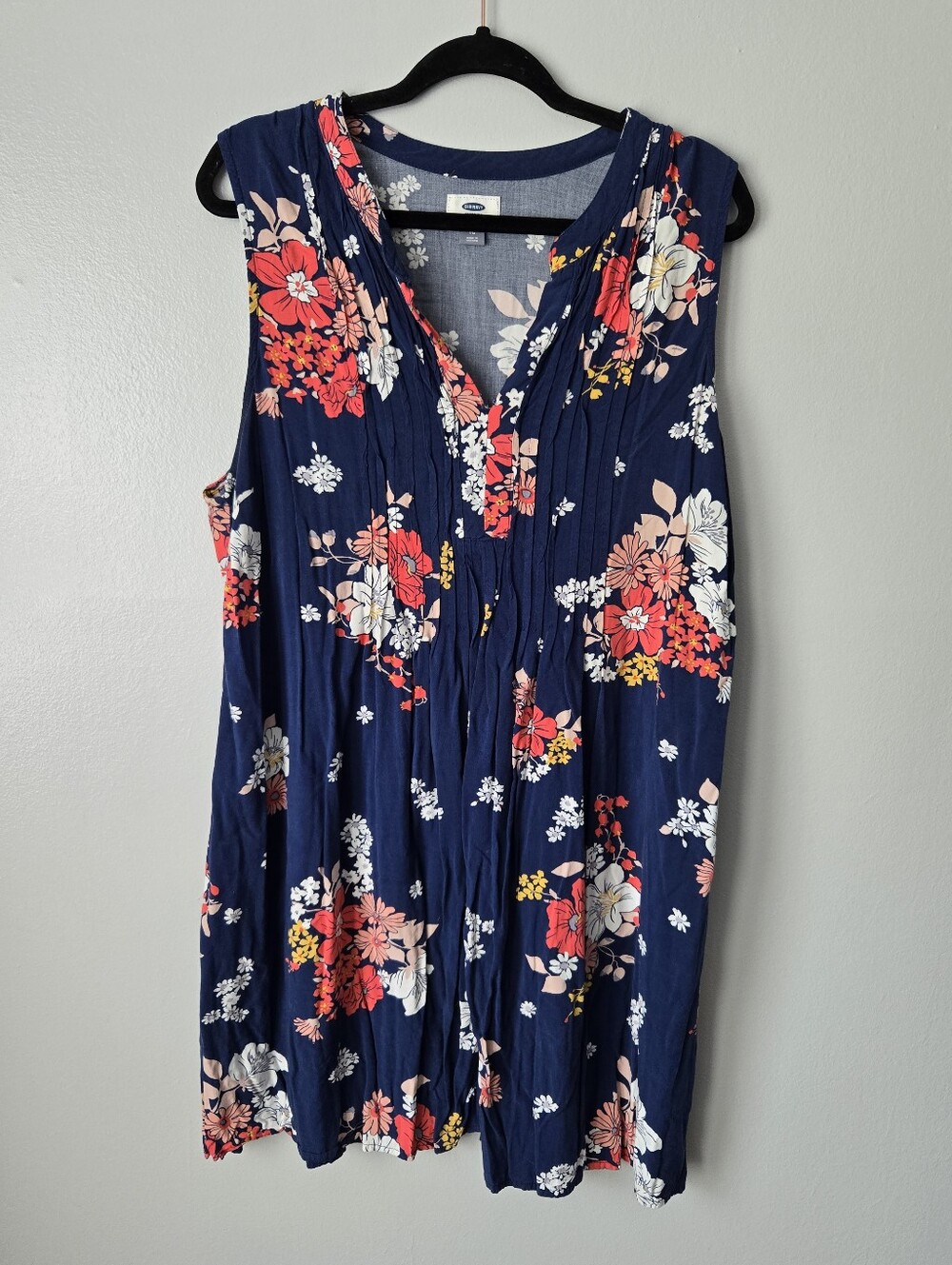 Old Navy Navy Blue Floral Pintuck Dress Sleeveless Pleated Babydoll Shift XL